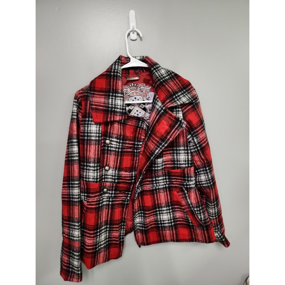 Joujou Red Black Plaid Double Breasted Pea Coat Jacket Womens Small Crest Lining